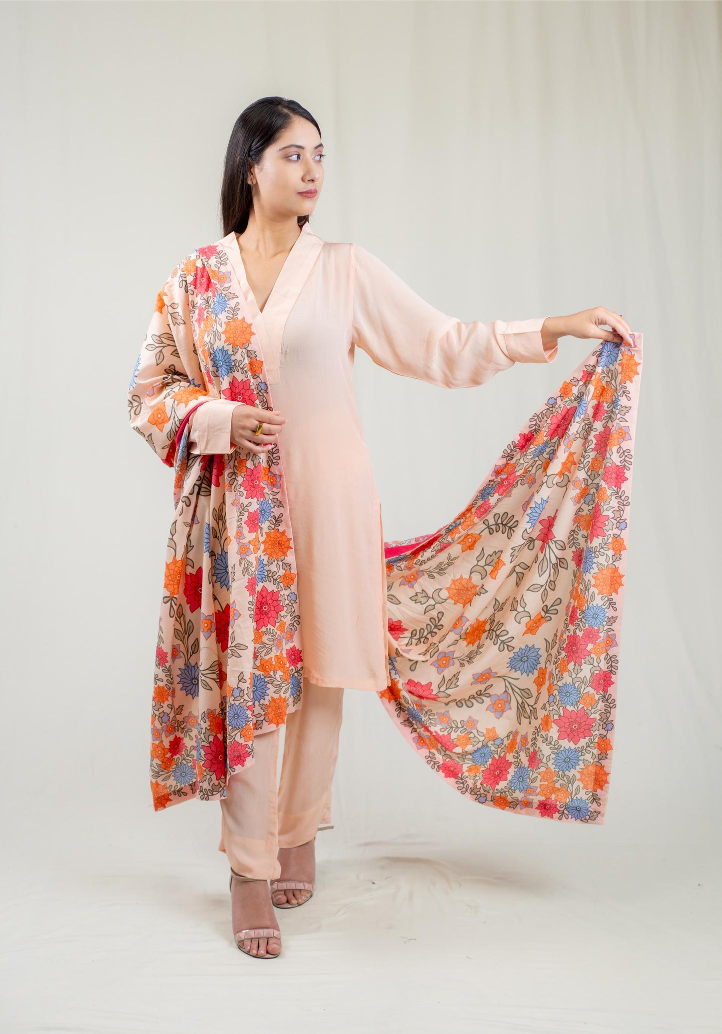 Pink Plain Kurta With Multicoloured Dupatta
