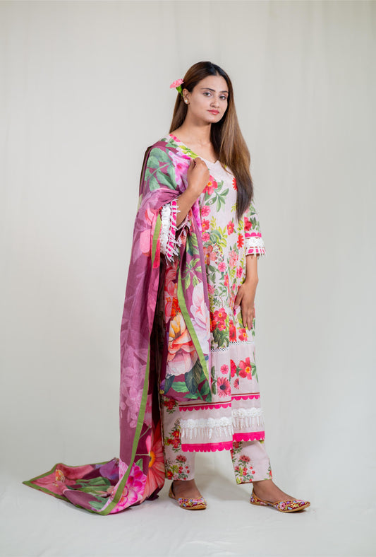 Raahi Printed Ivory Kurta Set With Dupatta