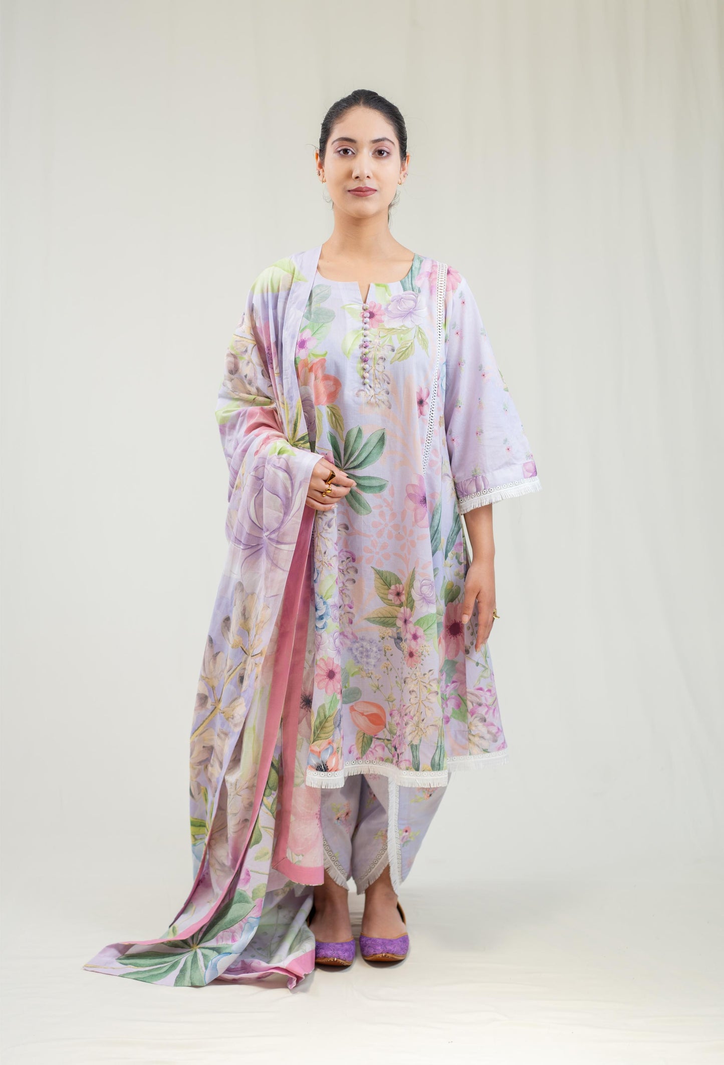 Purple Floral Straight Cut Salwar Kameez Set