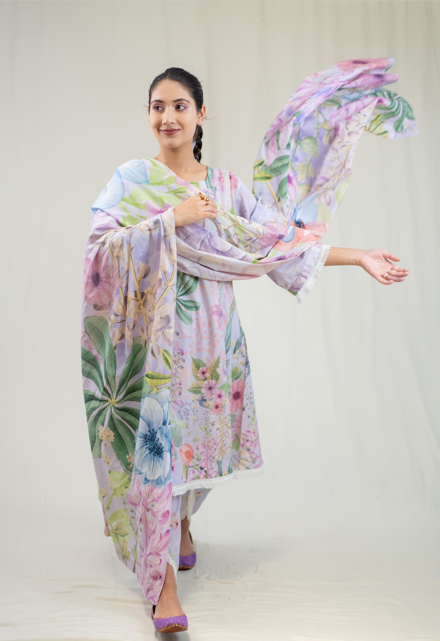 Purple Floral Straight Cut Salwar Kameez Set
