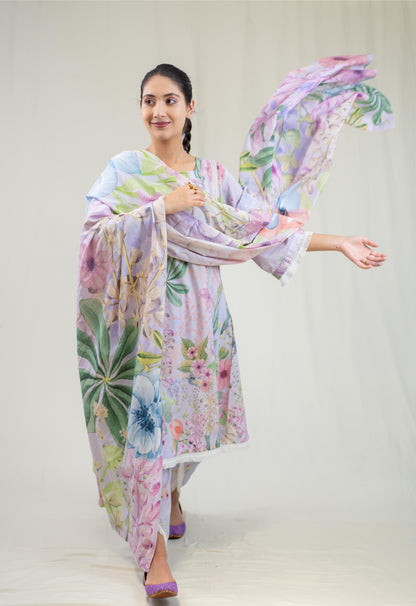 Purple Floral Straight Cut Salwar Kameez Set