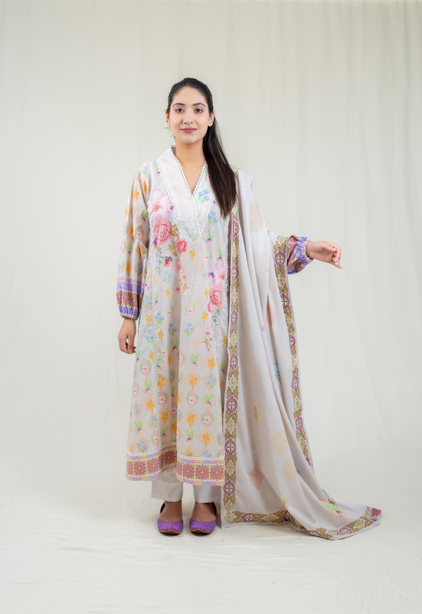Lavendar Base Kurta With Hand Embroidery