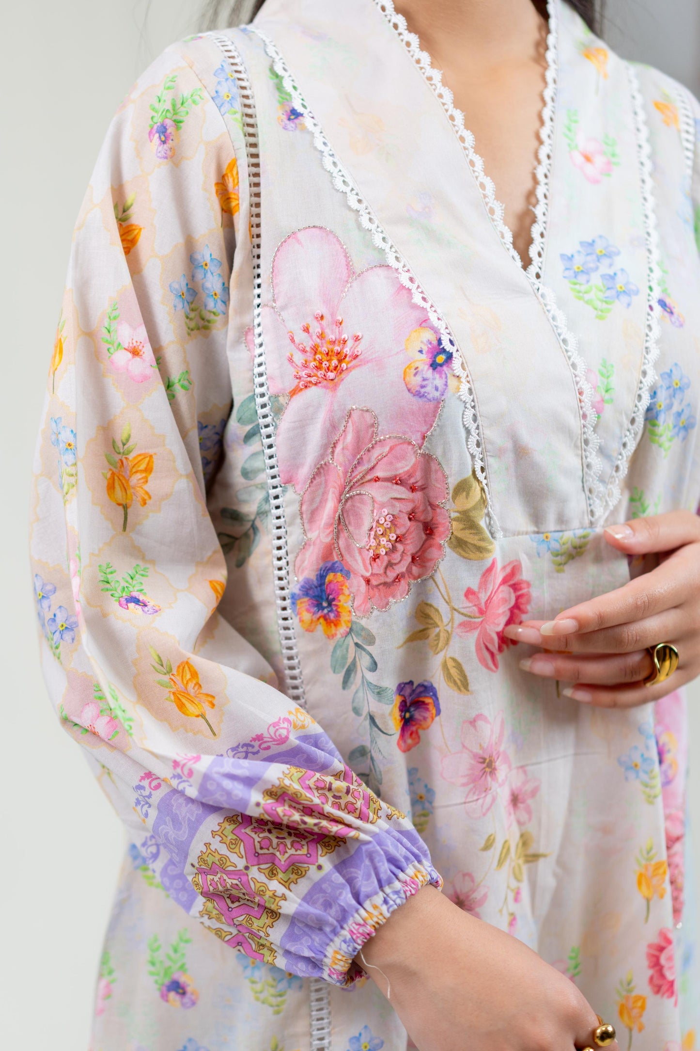Lavendar Base Kurta With Hand Embroidery