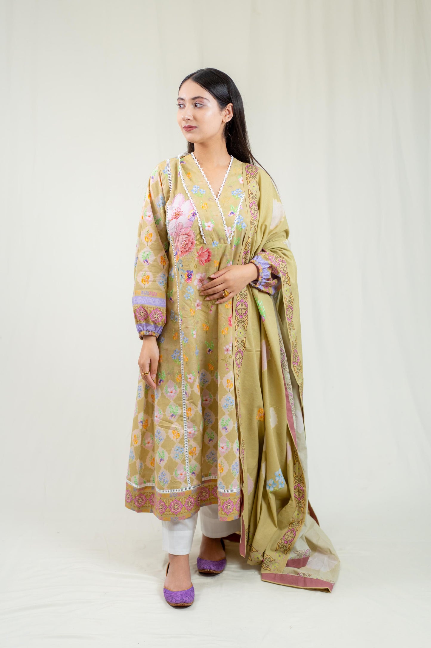 Olive Green Kurta With Hand Embroidery