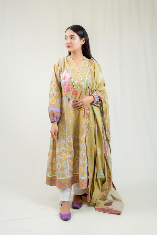 Olive Green Kurta With Hand Embroidery