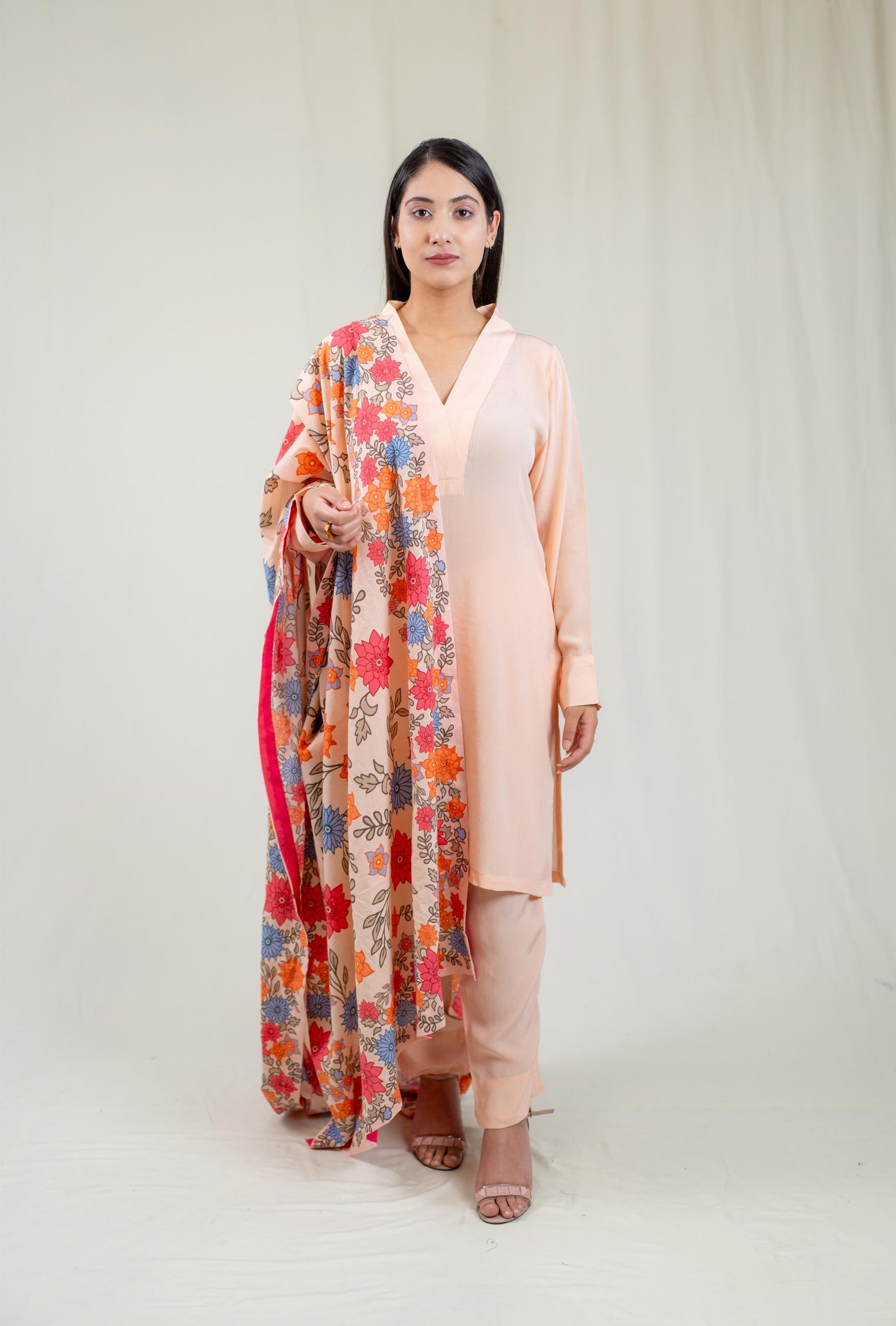 Pink Plain Kurta With Multicoloured Dupatta