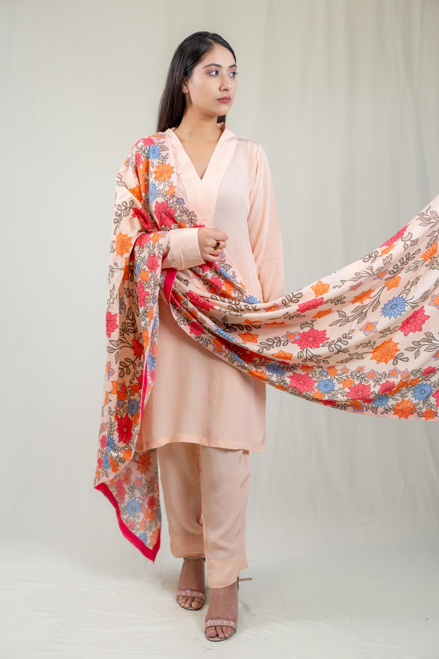 Pink Plain Kurta With Multicoloured Dupatta