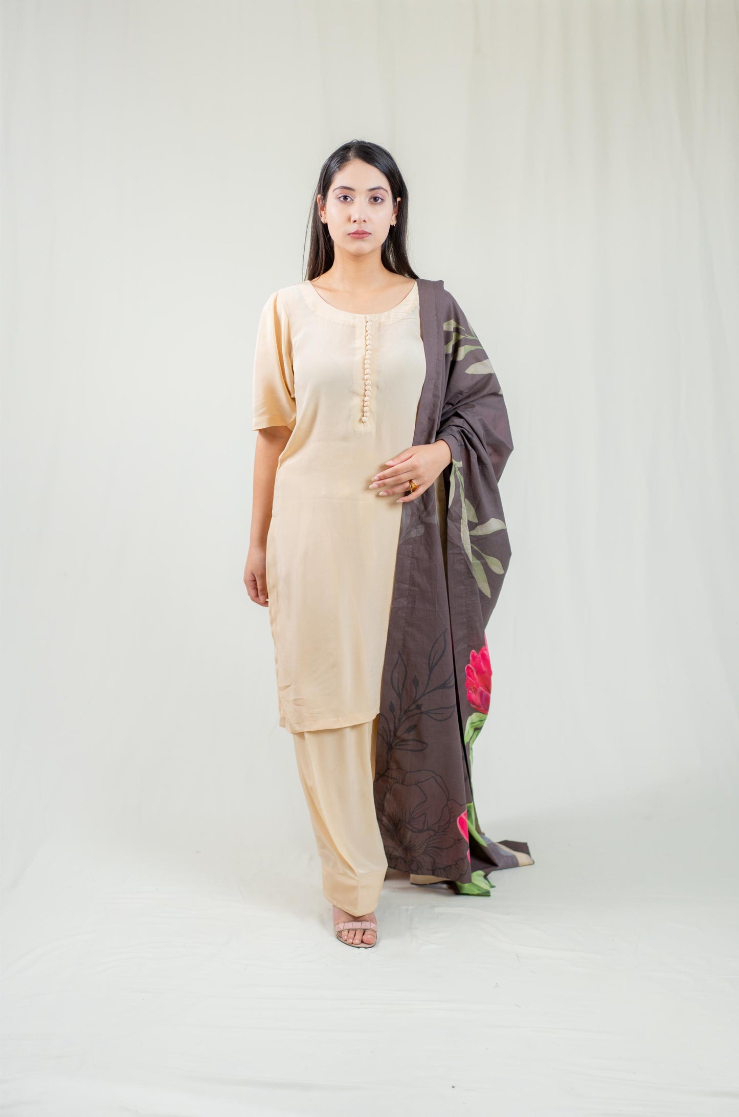 Beige Plain Kurta Set With Multicoloured Dupatta