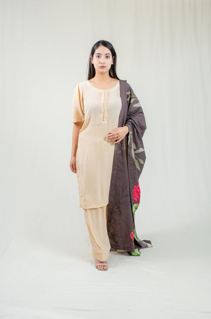 Beige Plain Kurta Set With Multicoloured Dupatta
