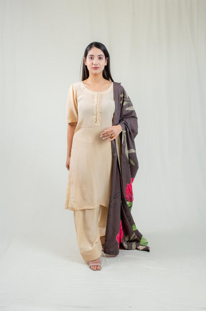 Beige Plain Kurta Set With Multicoloured Dupatta