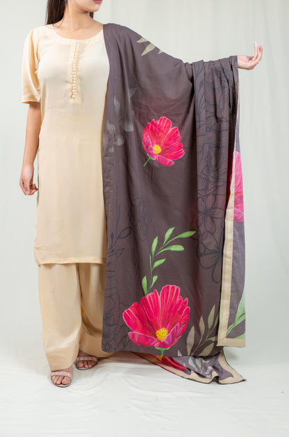 Beige Plain Kurta Set With Multicoloured Dupatta