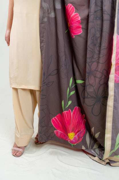 Beige Plain Kurta Set With Multicoloured Dupatta