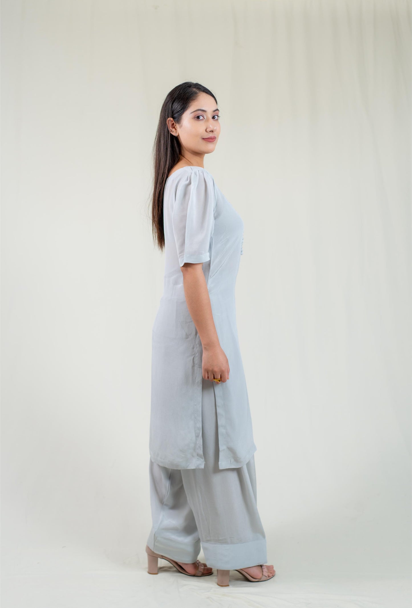 Grey Kurta With Floral Dupatta