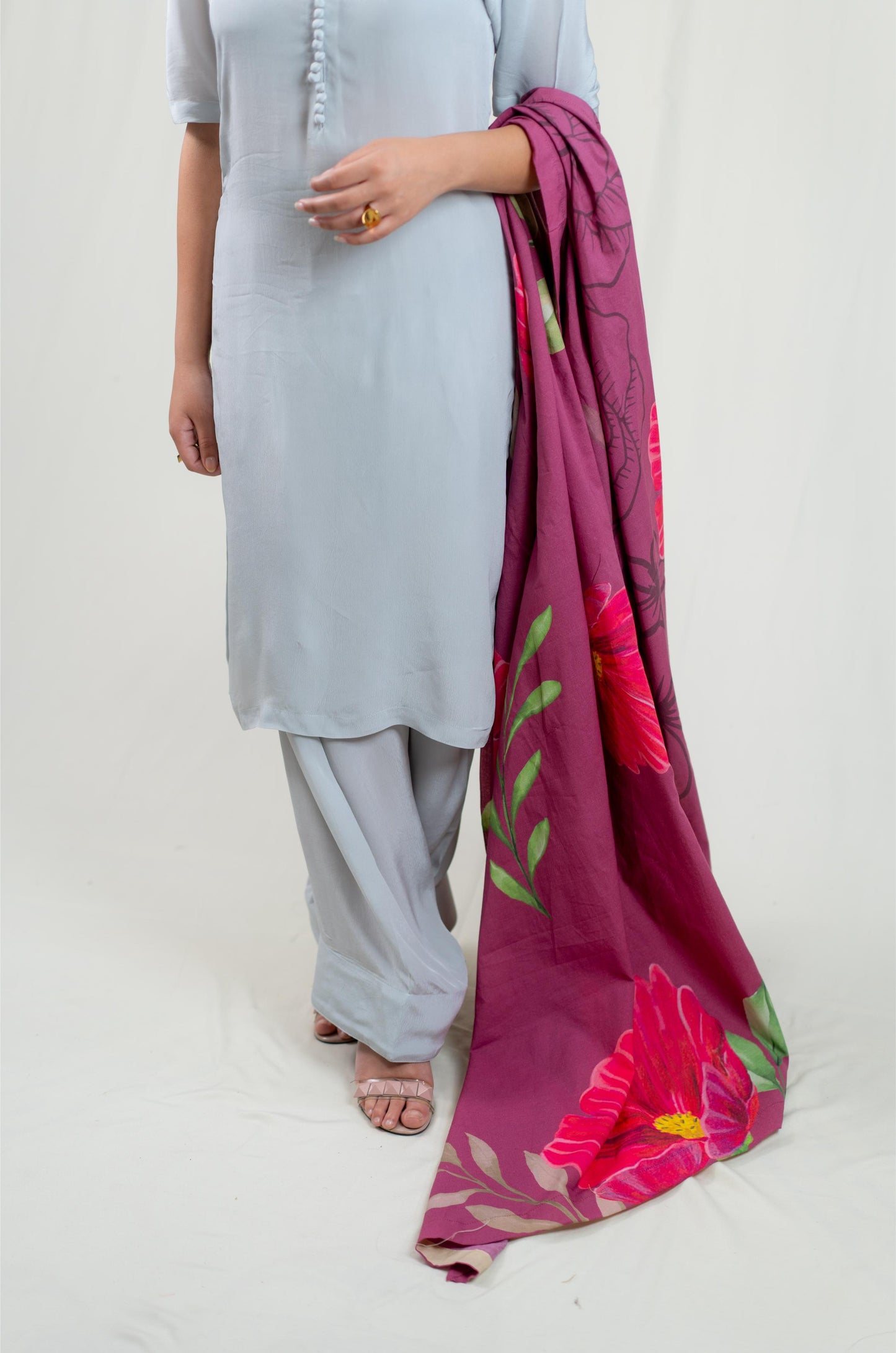 Grey Kurta With Floral Dupatta