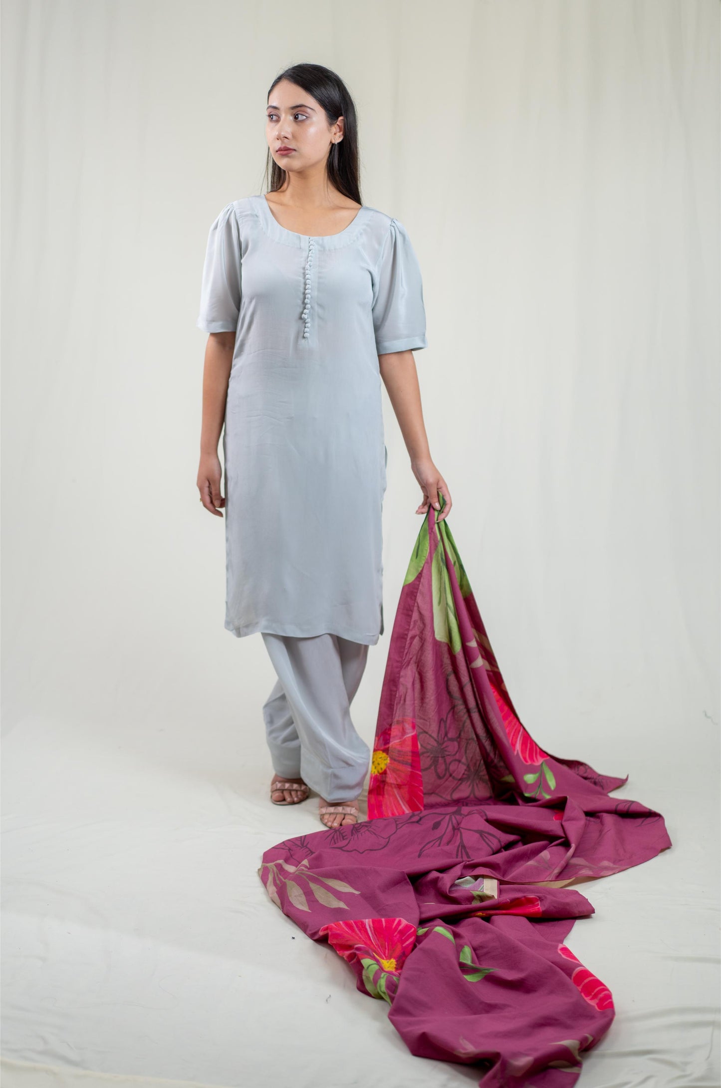Grey Kurta With Floral Dupatta