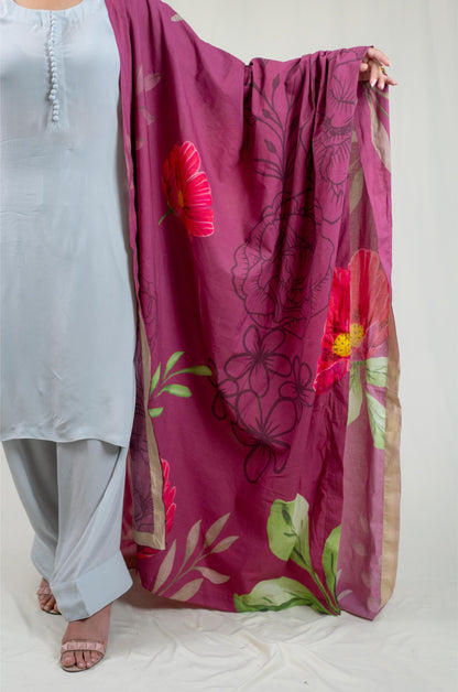 Grey Kurta With Floral Dupatta
